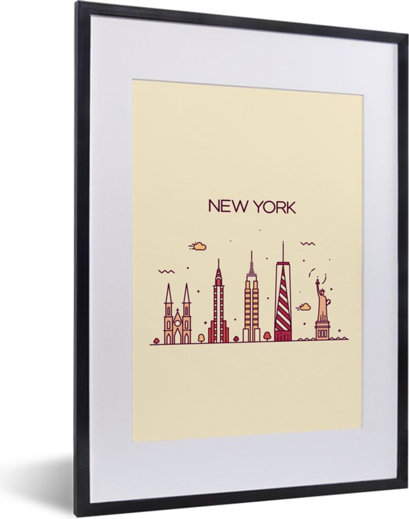 MuchoWow MuchoWow Gerahmtes Poster New York - Freiheitsstatue - Skyline 30x40 cm - Poster mit zchwarzem Bilderrahmen - Wandposter Schlafzimmer
