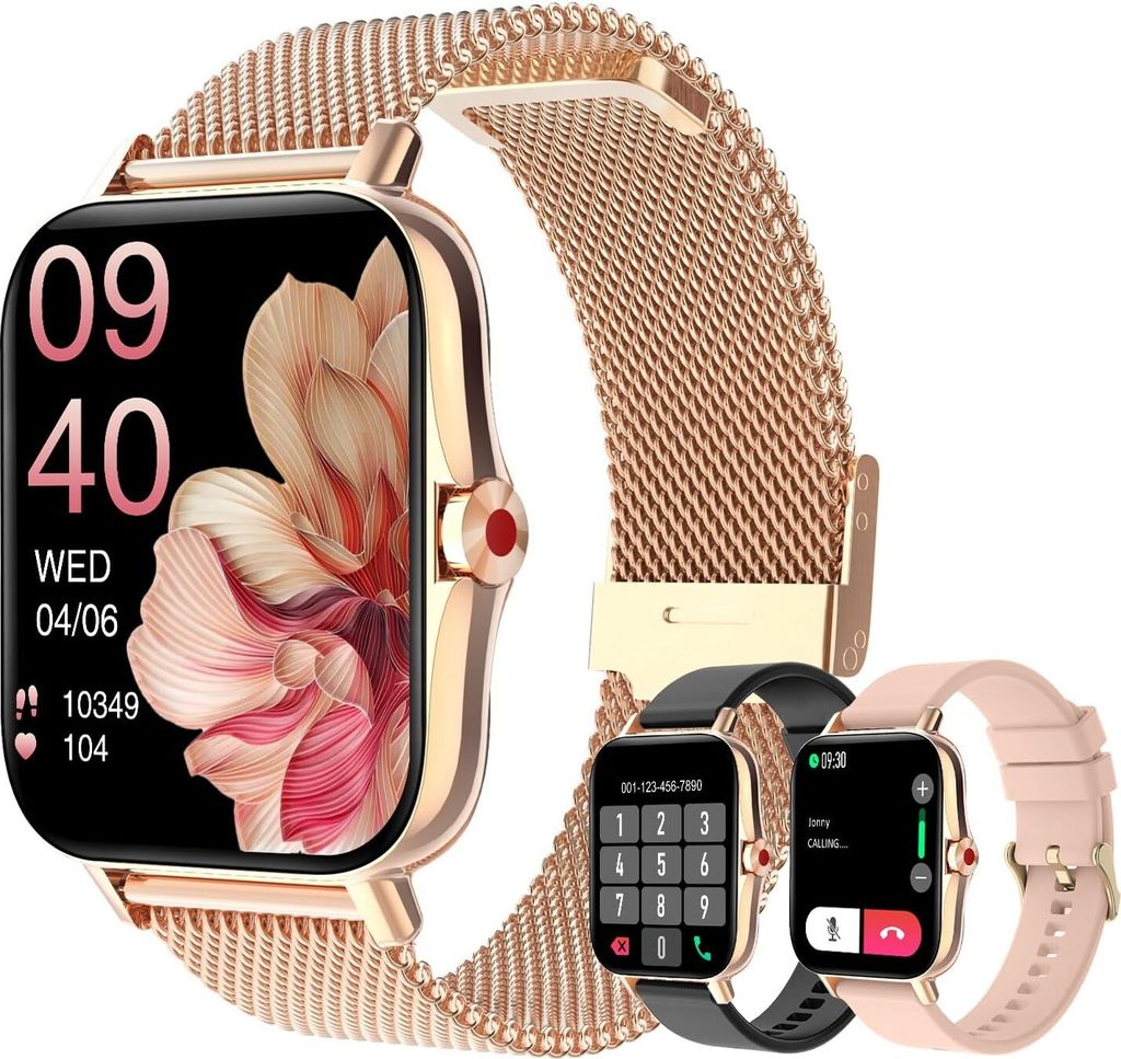 A smartwatch with a rose gold mesh band is shown, with two other smartwatches (one black, one pink) displayed in the foreground.