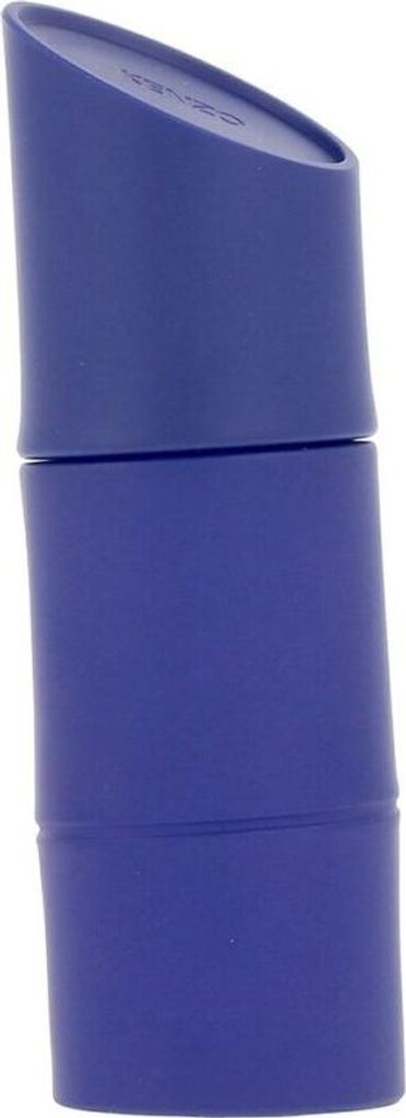 A blue perfume bottle against a white background.