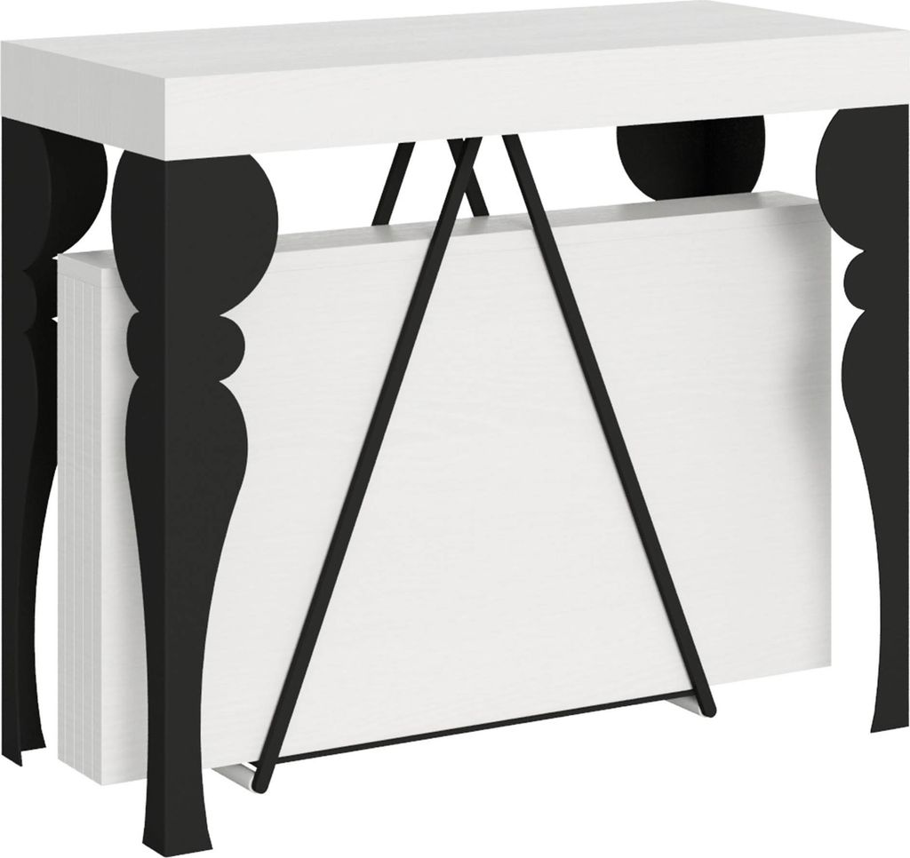ITYHOME - Ausziehbarer Konsolentisch 90x40/196 cm Riza Small Esche weiß mit Eisenrahmen aus Anthrazit