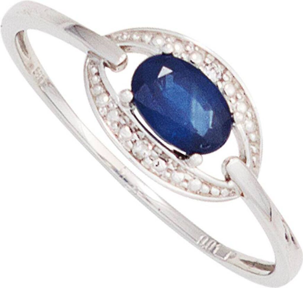 JOBO Damen Ring 585 Gold Weißgold 1 blauer Safir 2 Diamanten Brillanten Goldring Größe 50