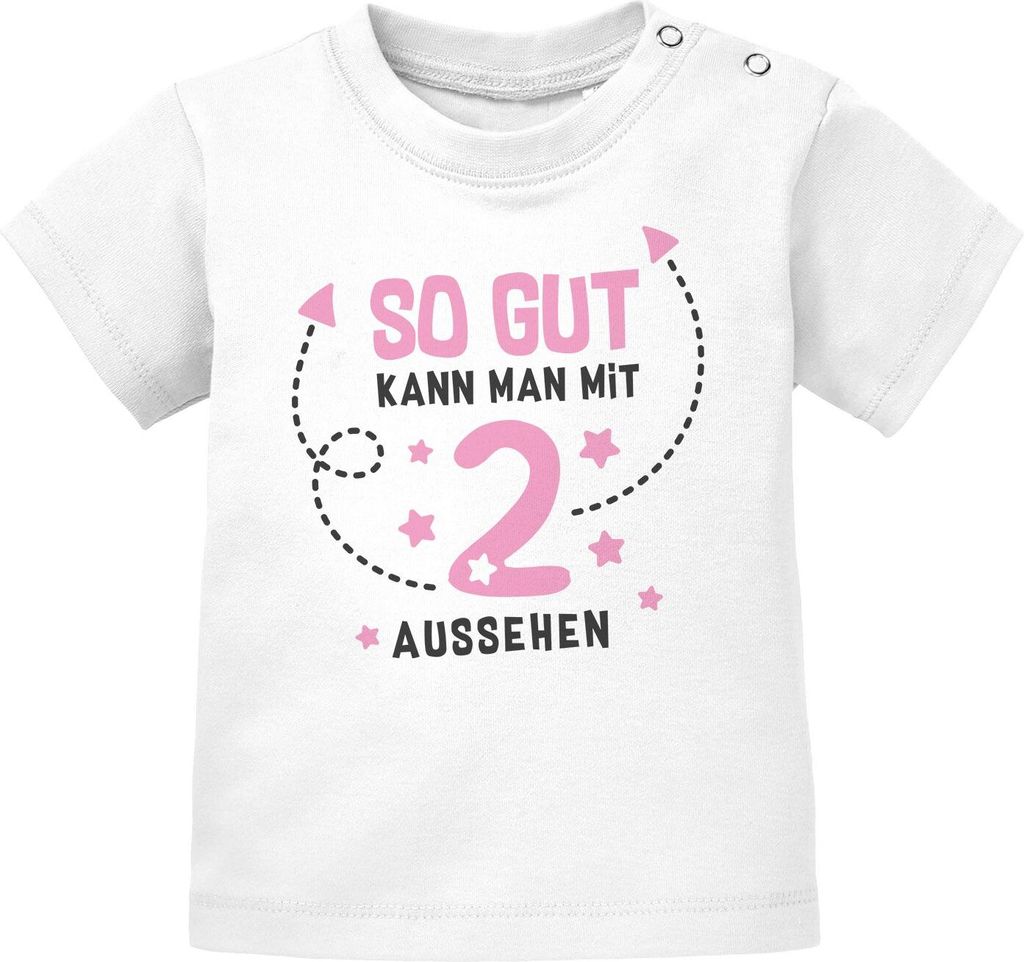 Baby T-Shirt 1. Geburtstag Spruch so gut kann man mit 1 bzw 2 aussehen Geburtstagsshirt kurzarm Baumwolle MoonWorks 2 weiß-rosa 92/98 (16-24-Mon...