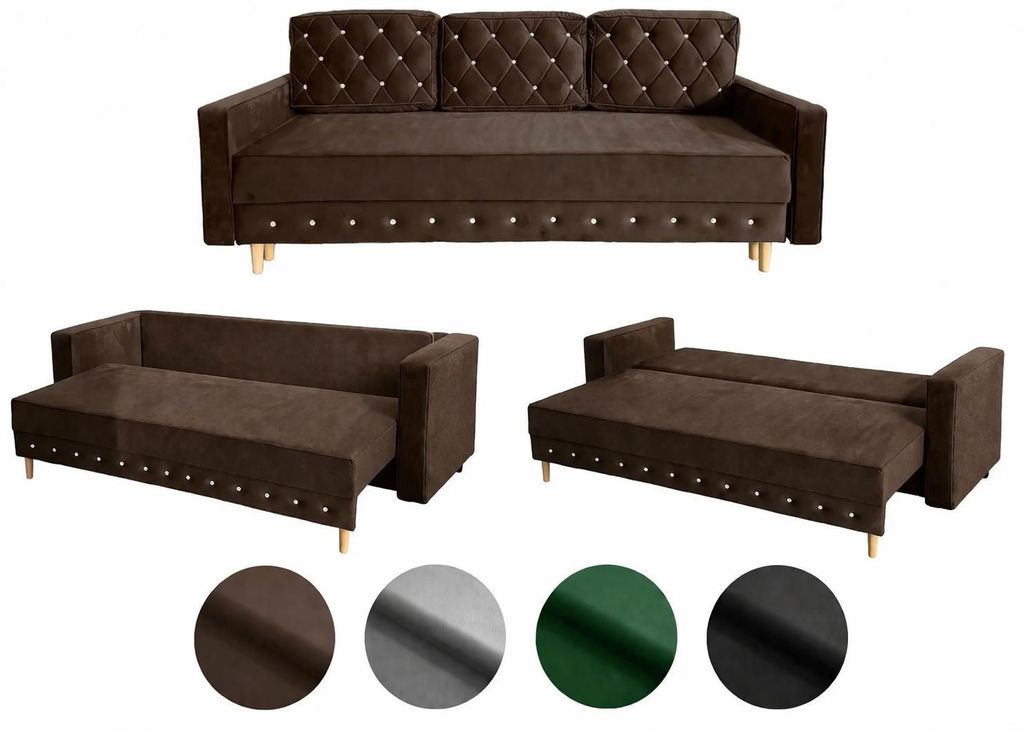 Schlafsofa LUX 3-Sitzer mit Bettkasten und Schlaffunktion, 220x100 cm, Samt Braun, Glamour Couch, ausziehbar, sehr bequem, modernes elegantes Design