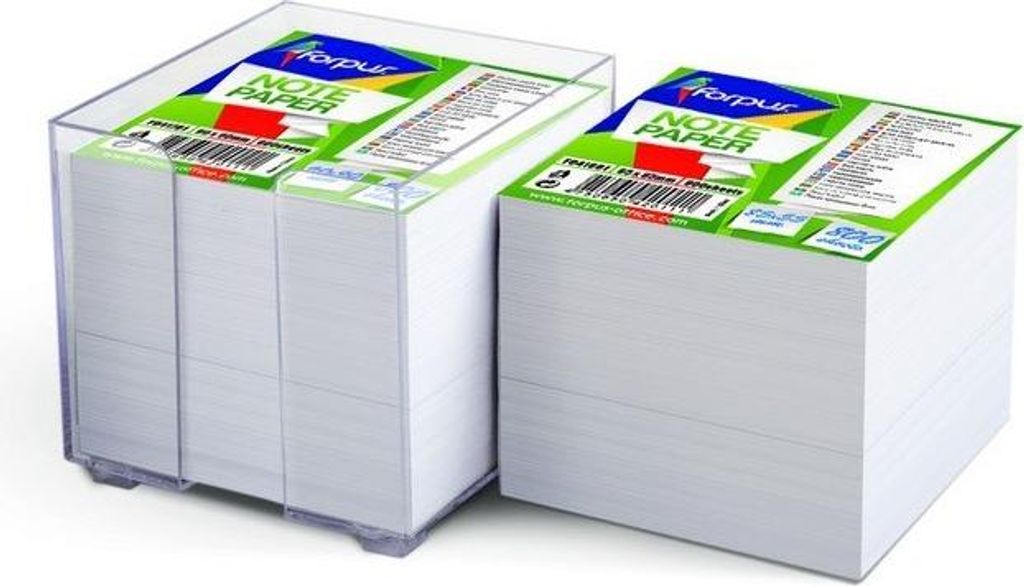 Bürowürfel 85x85 mm, 700 Blatt, Weiß, unverklebt, transparenter Kunststoffbehälter