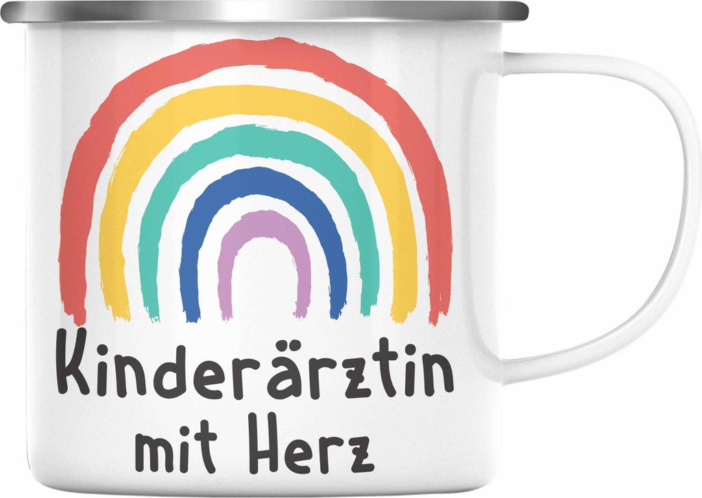 Trendation - Kinderärztin mit Herz Emaille Tasse Geschenk Geschenke mit Spruch Emaille Emaille Tasse Kinderärztin Dankeschön (Silber)