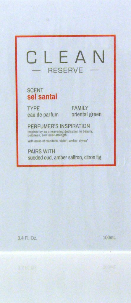 A close-up of the packaging for Clean Sel Santal Eau de Parfum.