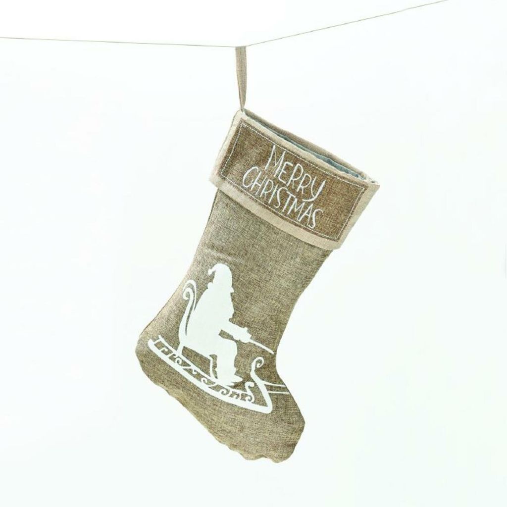 ACA Beleuchtete Weihnachtssocke, dunkelbeige mit Dekorationen (Schlitten), 26 x 47 cm, X071175