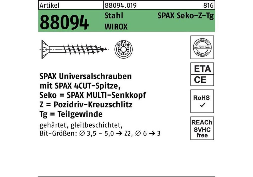 Schraube R 88094 Senkkopf m.Spitze/Kreuzschl.-PZ 5 x 80/46-Z TG Stahl galvanisch verzinkt WIROX