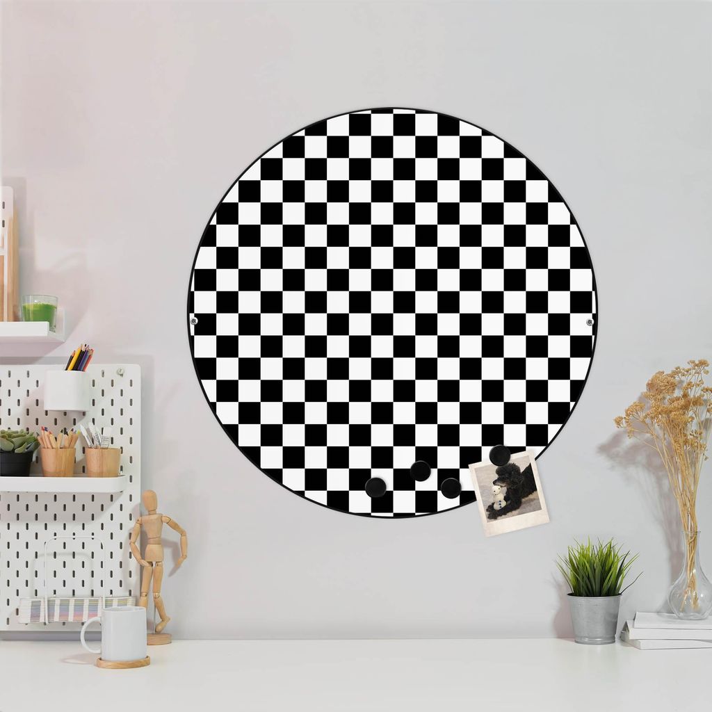 Design Stahlmagnettafel Schwarz Rund 47cm Karo Schwarz