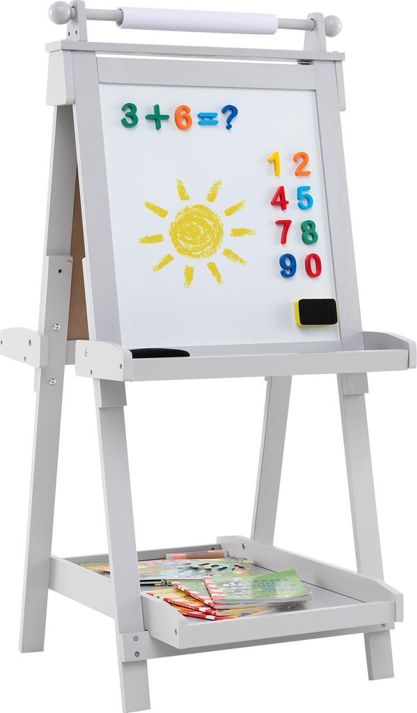 COSTWAY Tafel Kinder doppelseitig, Staffelei klappbar höhenverstellbar mit Whiteboard, magnetischer Tafel, Papierrolle, Kindertafel für Kinder 3+...