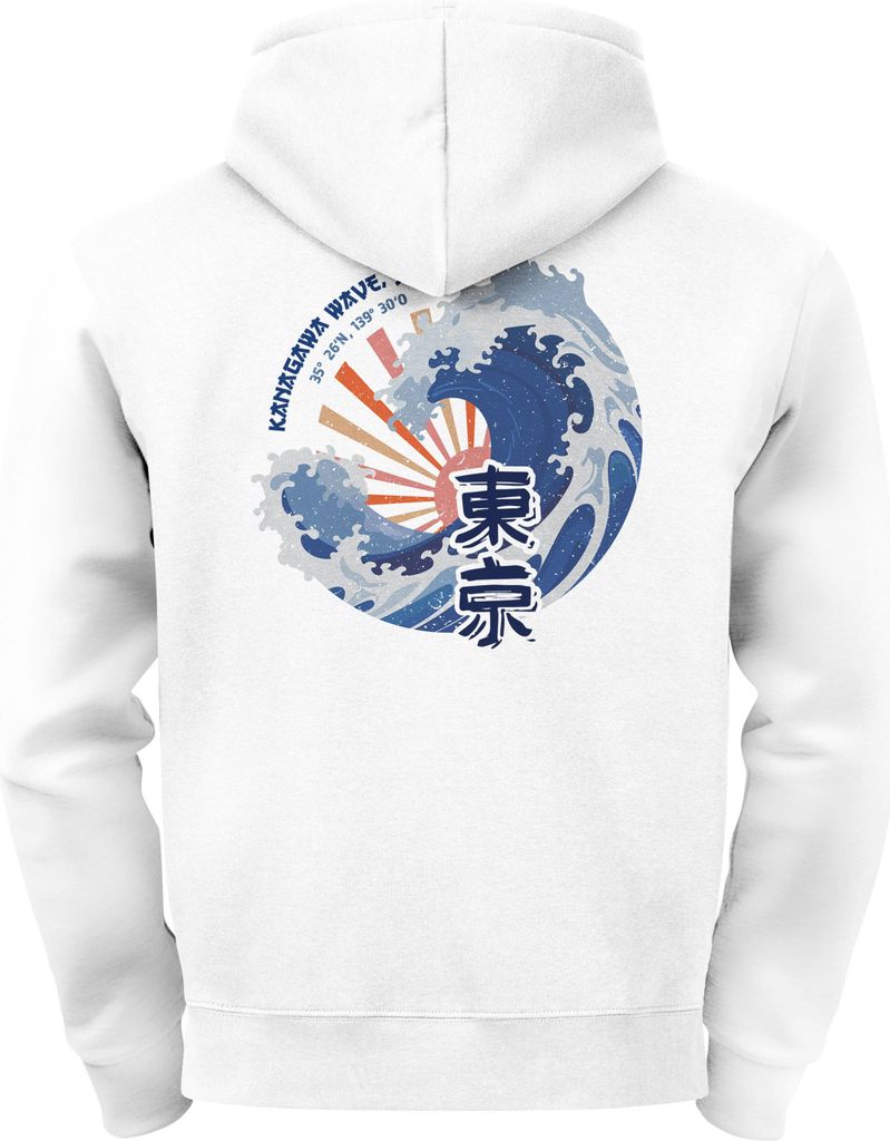 Herren Hoodie Backprint Japan Wave | Kapuzenpullover mit Tokyo Schriftzeichen und Kanagawa Motiv Urban Style Streetwear Männer Neverless