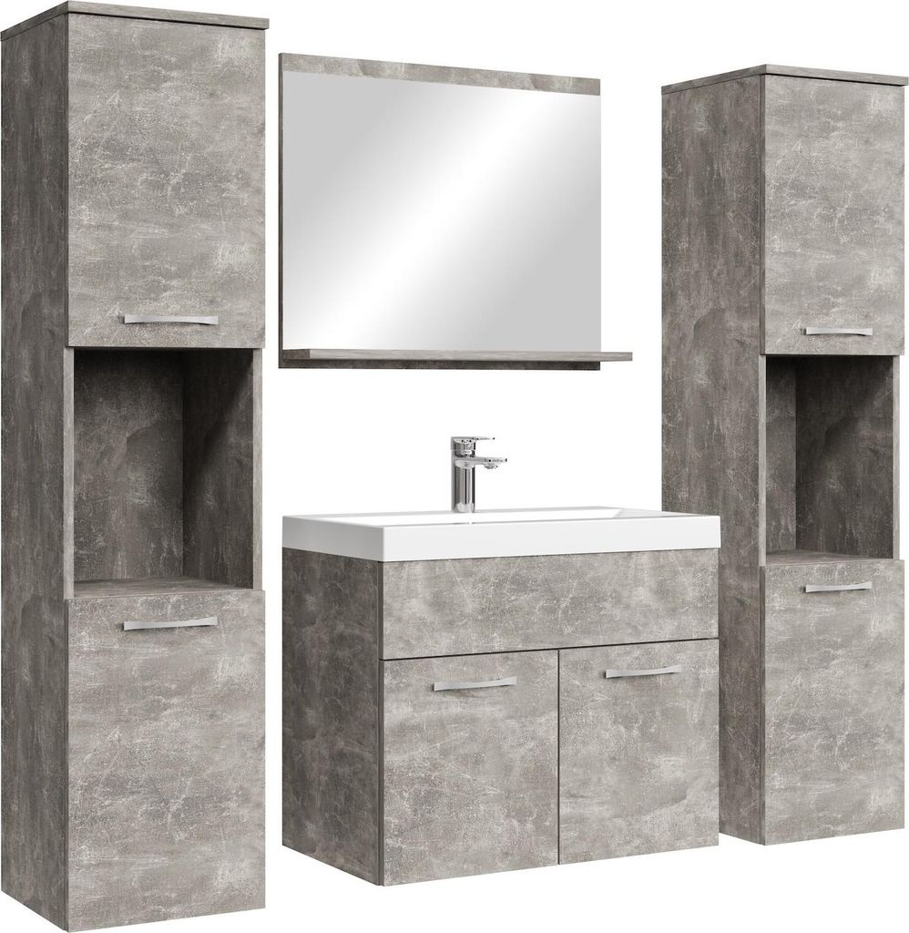 Badplaats Badmöbel Komplettset Montreal XL 60 x 35 cm Beton Grau - Badezimmermöbel mit Waschbecken, Spiegel und 2 Badezimmerschränke
