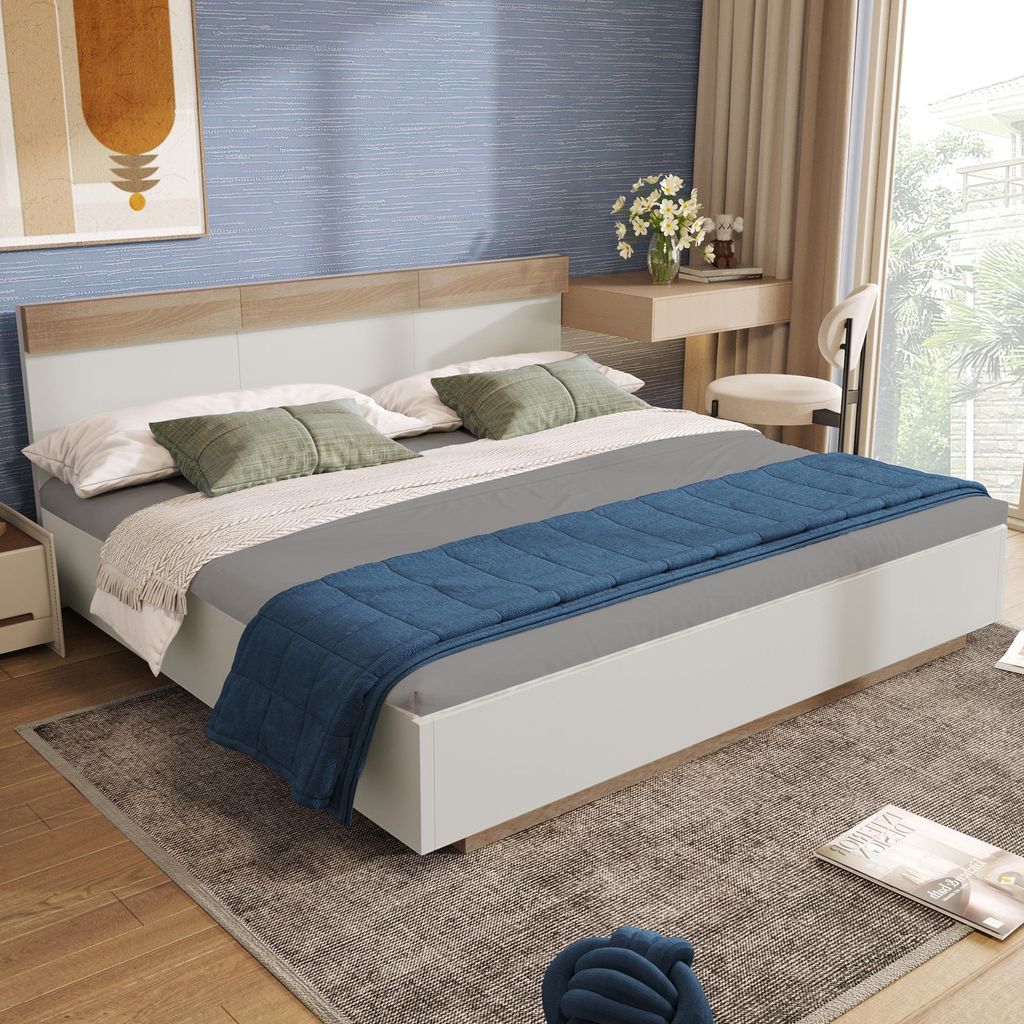 Doppelbett Holzbett Schwebebett mit Kopfteil aus Bettgestell &Lattenrost-205x184x90.5 cm(T/B/H) Set in Eiche Sonoma/Weiß(Ohne Matratze)