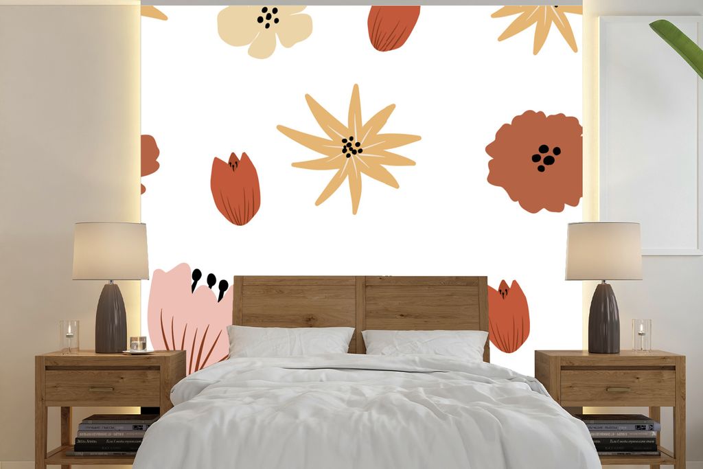 MuchoWow Fototapete für Wohnzimmer oder Schlafzimmer Wandtapete Vinyl Motivtapete Blumen - Weiß - Abstrakt - Muster - 300x300 cm - Wanddekoration