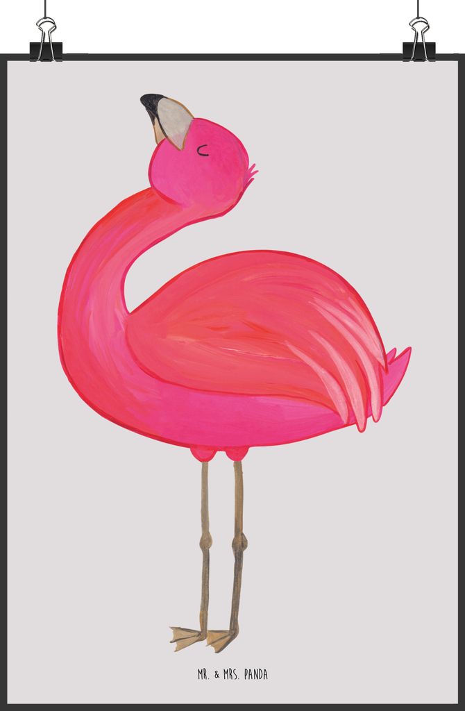 Mr. & Mrs. Panda Bild Flamingo Stolz DIN A2 - Grau Pastell - Geschenk, wanddeko, Wanddekoration, Beste Freundin, Mama, Tochter, glücklich, Kunstdr...