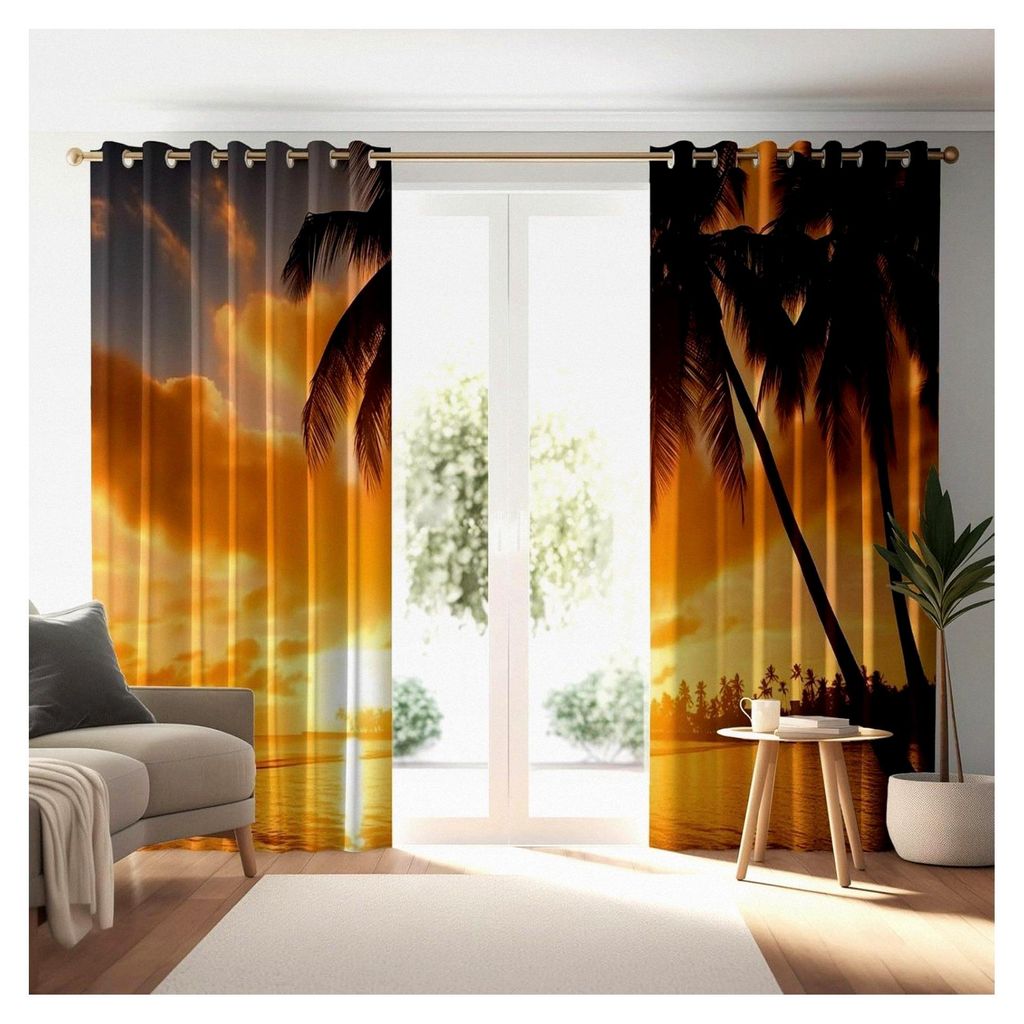 Tropischer Strand Natur Vorhang Fenster Panel – Gold blickdicht und dekorativ für Wohnzimmer, Schlafzimmer und Esszimmer Stangentasche H 215 x B...