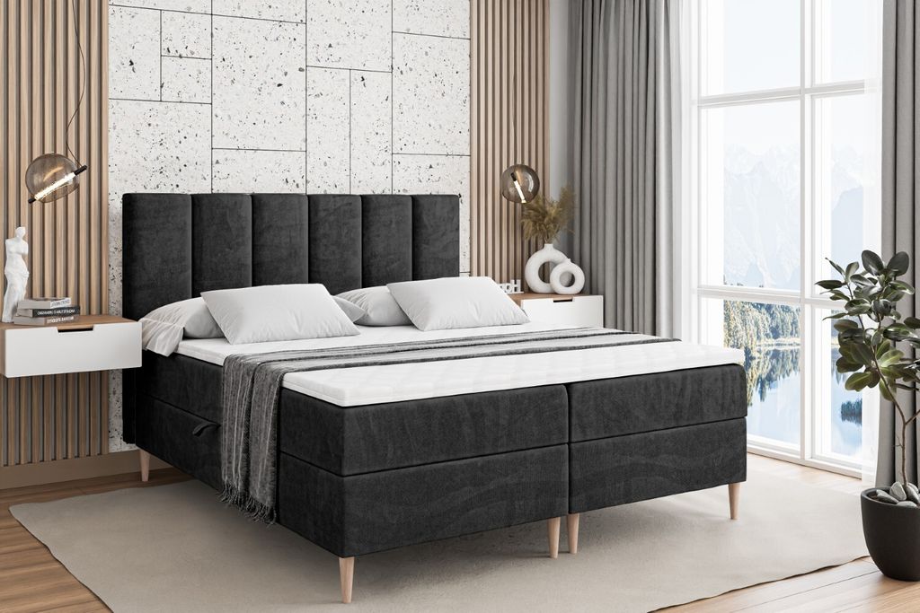 ALTDECOR Boxspringbett mit Holz Füßen, Matratze und Lattenrost, Boxbett, Topper, Polsterbett mit Bettkasten, Bett mit Stauraum H3-Matratze, Doppe...