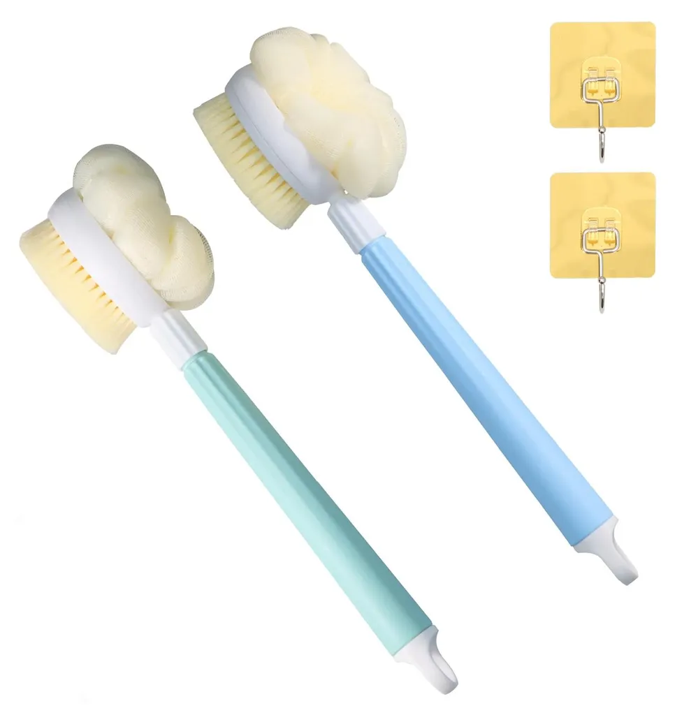 Brosse de bain à long manche et éponge de douche 2 en 1 pour le corps
