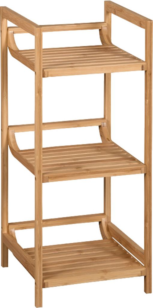 A three-tiered bamboo shelf unit.