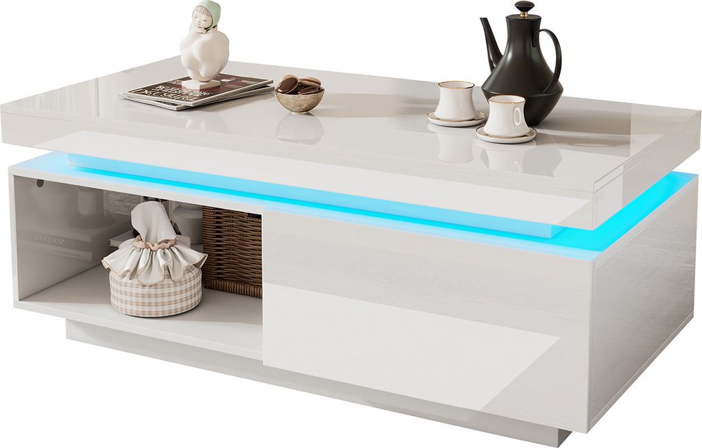 Couchtisch mit LED-Beleuchtung und Schublade Hochglanz Produktbild 