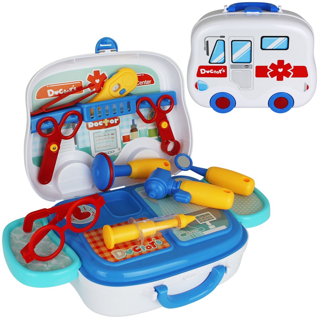 Kinder Arztkoffer mit Zubehör aus Holz Doktorkoffer Doktorset Spielzeug blau Set 
