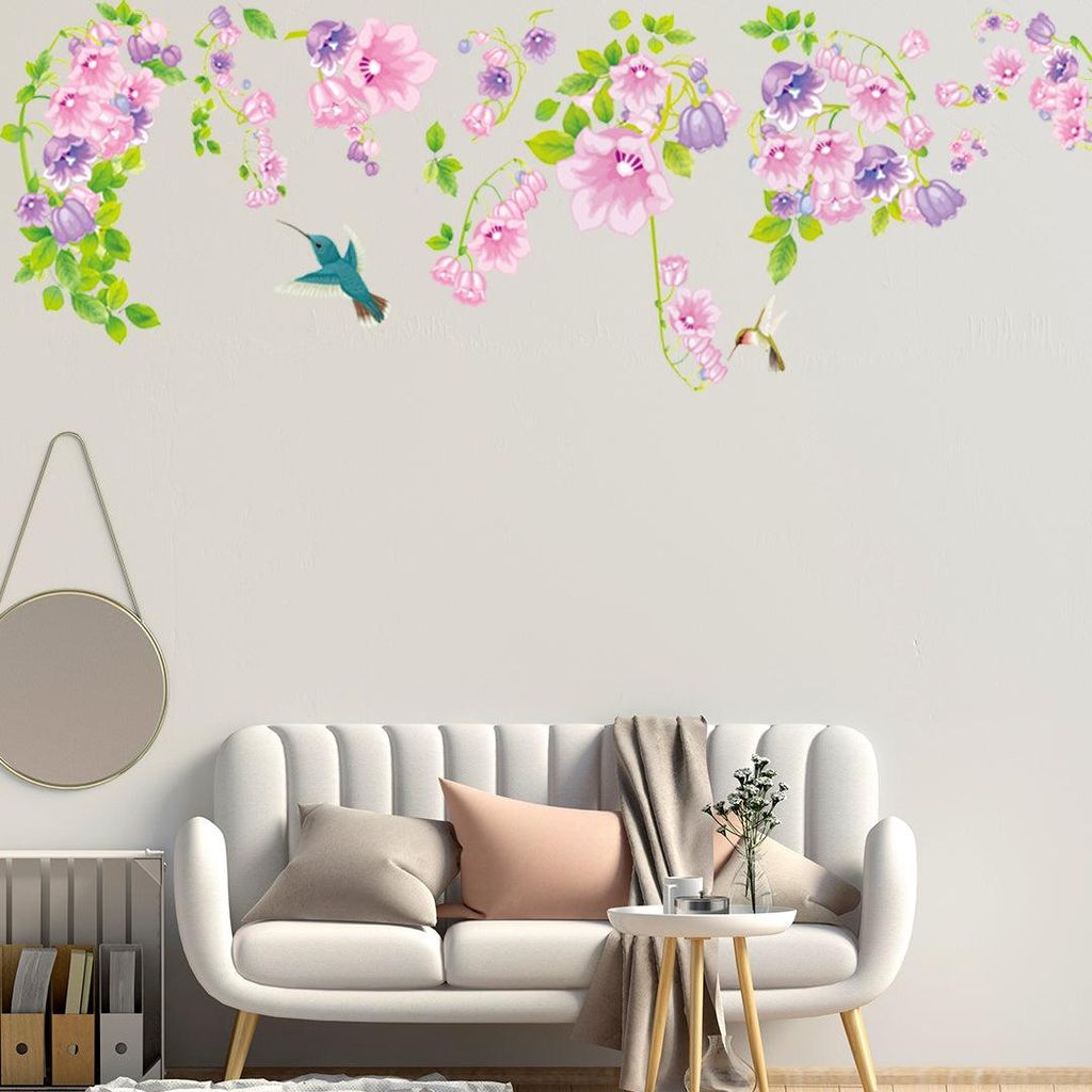 Dekorative Wandaufkleber mit Vögeln und lila Blumen