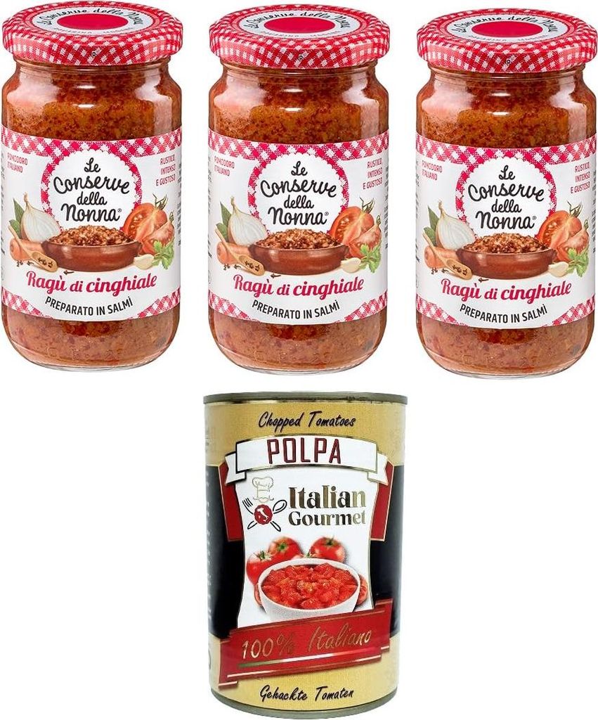 Le Conserve della Nonna- Sugo Ragù di Cinghiale Wildschwein-Ragù-Sauce 3x 190g + Italian Gourmet polpa 400gr