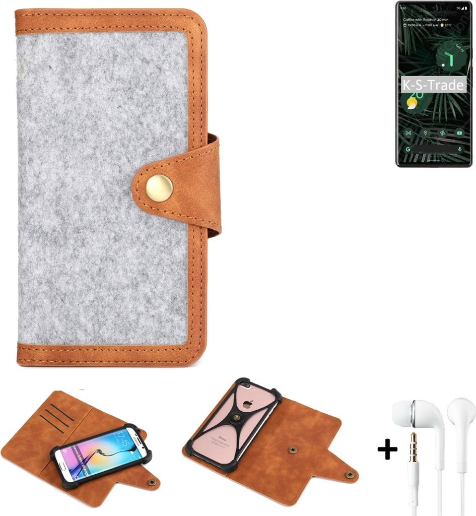 K-S-Trade Handyhülle + Kopfhörer kompatibel mit Google Pixel 6 Pro Schutzhülle Filz Hülle Kunstleder hellgrau braun (1x)