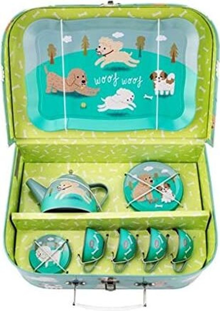 Teegeschirr "Spielende Hunde" aus Blech in einem hübschen Koffer aus Karton