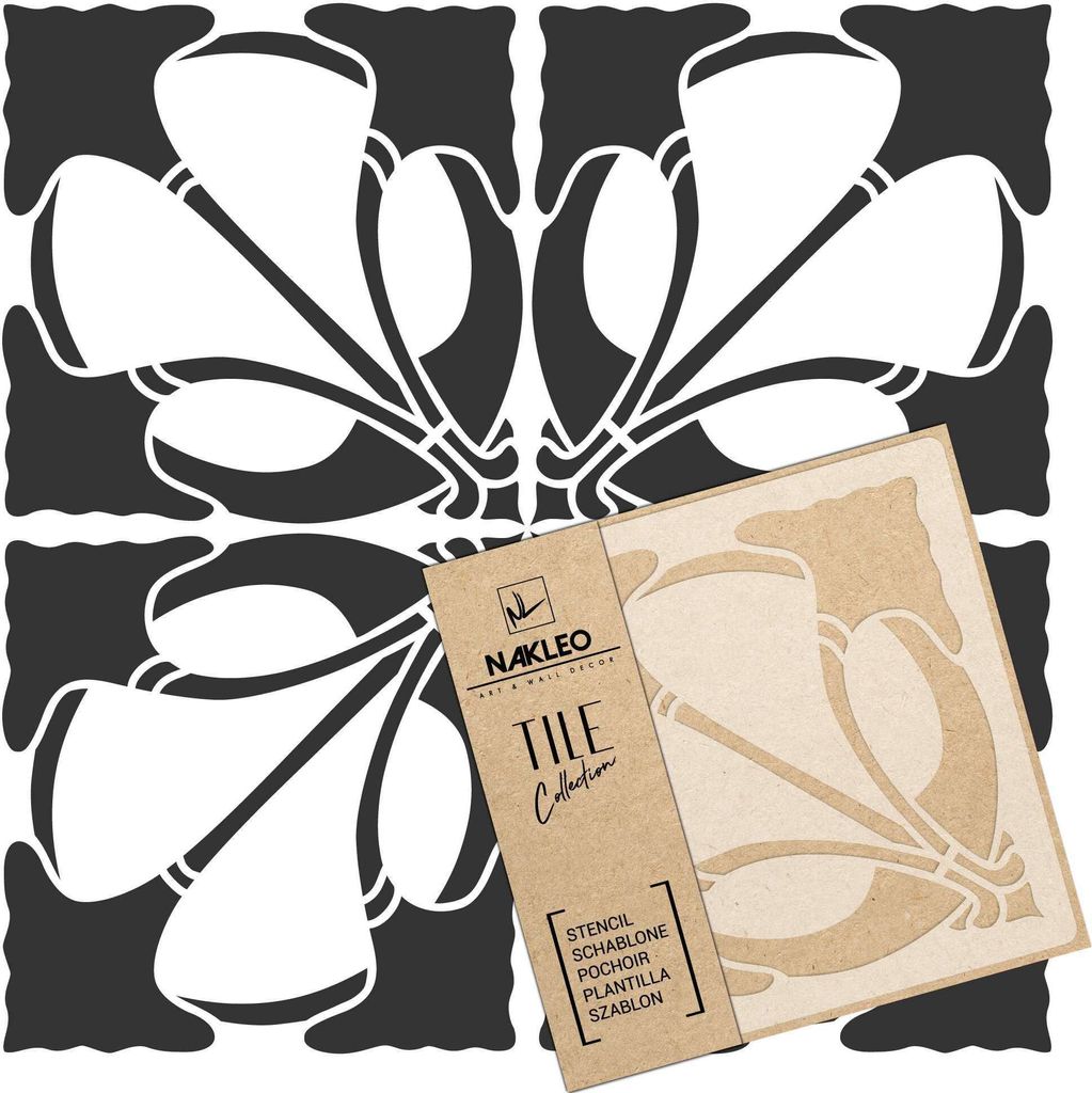 Tile Fliesen Schablone zum Malen 25x25 cm, Art Nouveau Deco Blume Geometrisch, Kunststoff Wiederverwendbare Bodenschablone DIY