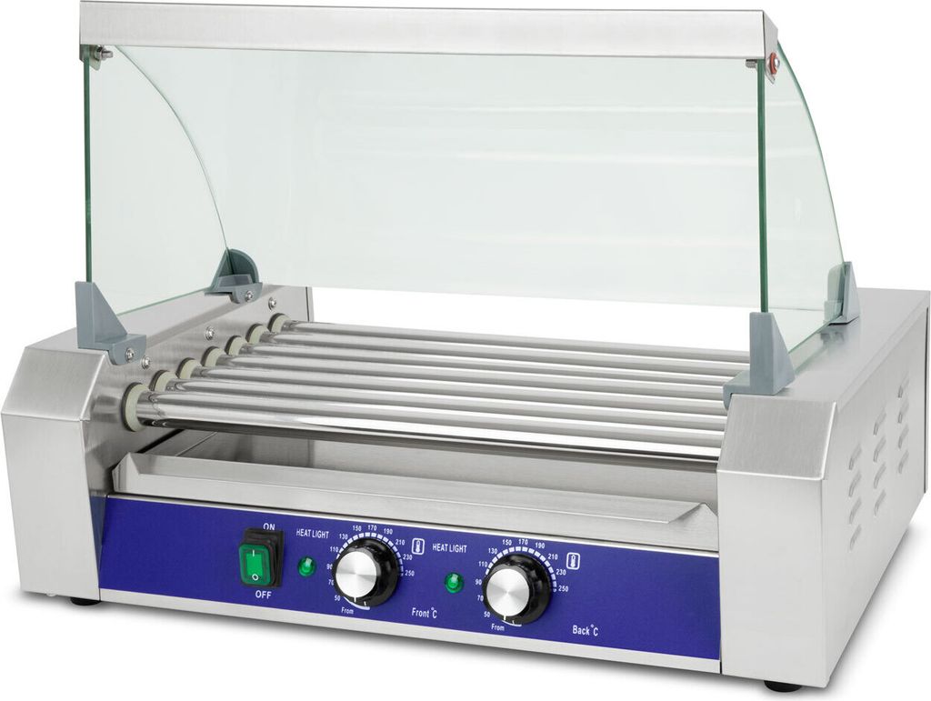 VERTES Gastro Hot Dog Maker aus Edelstahl, Elektrisch mit 1400W, Hot Dog Maschine mit 7 Walzen und 2 Heizzonen