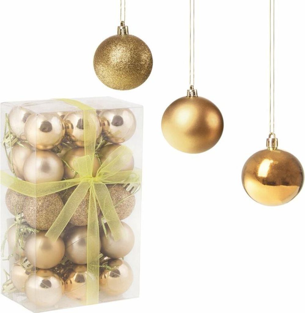 A box of gold Christmas ornaments and three individual gold Christmas ornaments hanging.