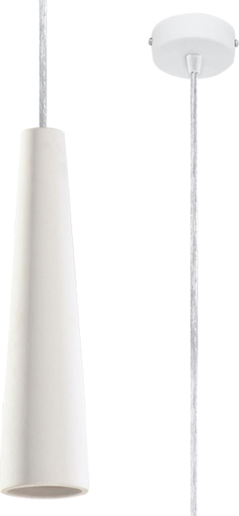 A white ceramic pendant light and its ceiling mount are shown against a white background.