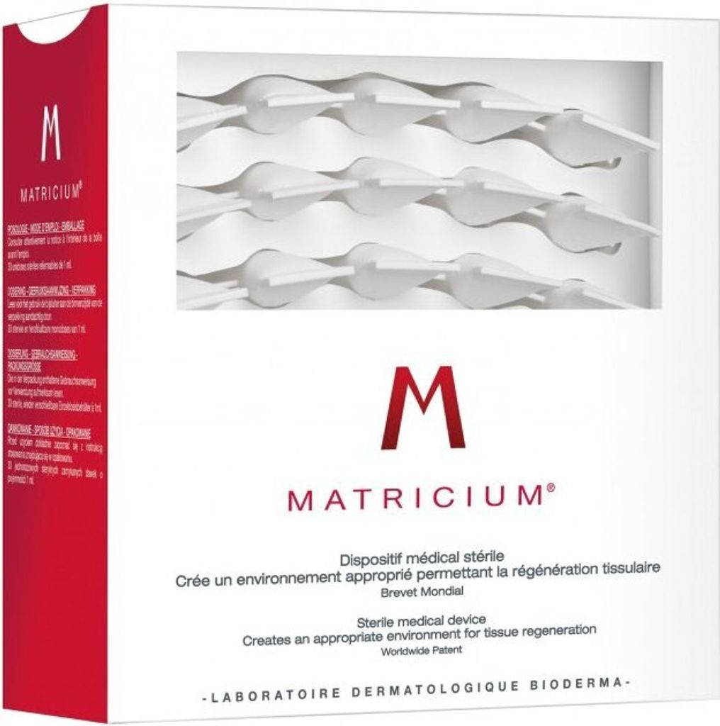 The image shows the front of a product box for Bioderma Matricium.