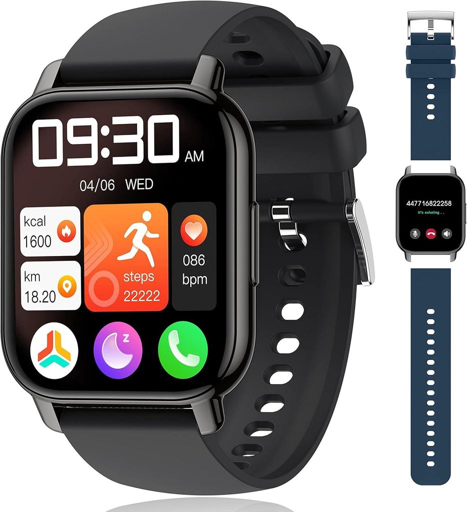 Popglory Smartwatch 1.85 Inch Touchscreen Fitness Uhr für Männer und Frauen mit Bluetooth Anrufen, Herzfrequenz, SpO2, Blutdruck, Schlafmonitor, ...