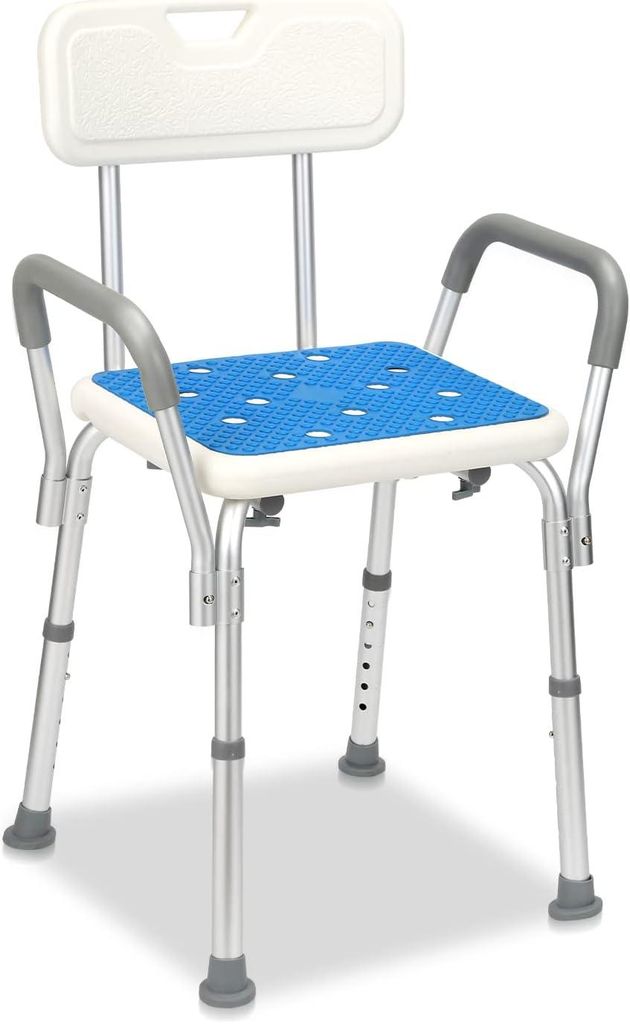 Duschhocker für Senioren, Duschstuhl mit Armlehnen und Rückenlehne, Höhenverstellbar, Badezimmerhocker bis 150kg, Badhocker