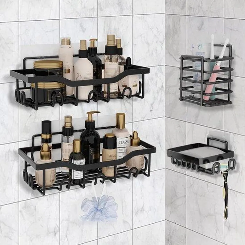 Rangement salle de bain sans trou : set 4 pièces noir avec porte-brosse