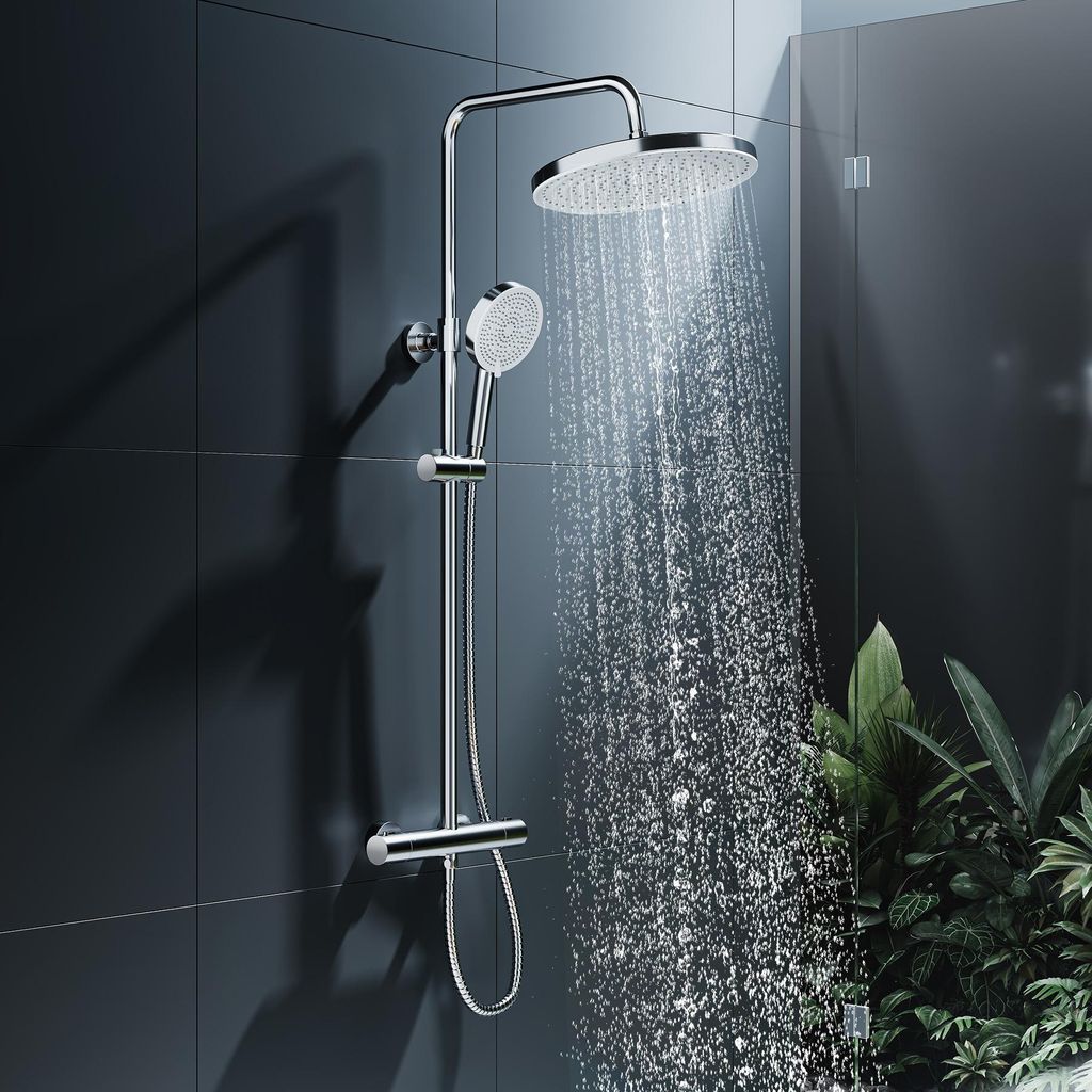 HOROW Duschsystem mit Thermostat, 5 Modi Strahlarten, große Regendusche Set Chrom, Duschsetit Thermostat, Höhenverstellbar, 30 cm Großem Kopfbrause