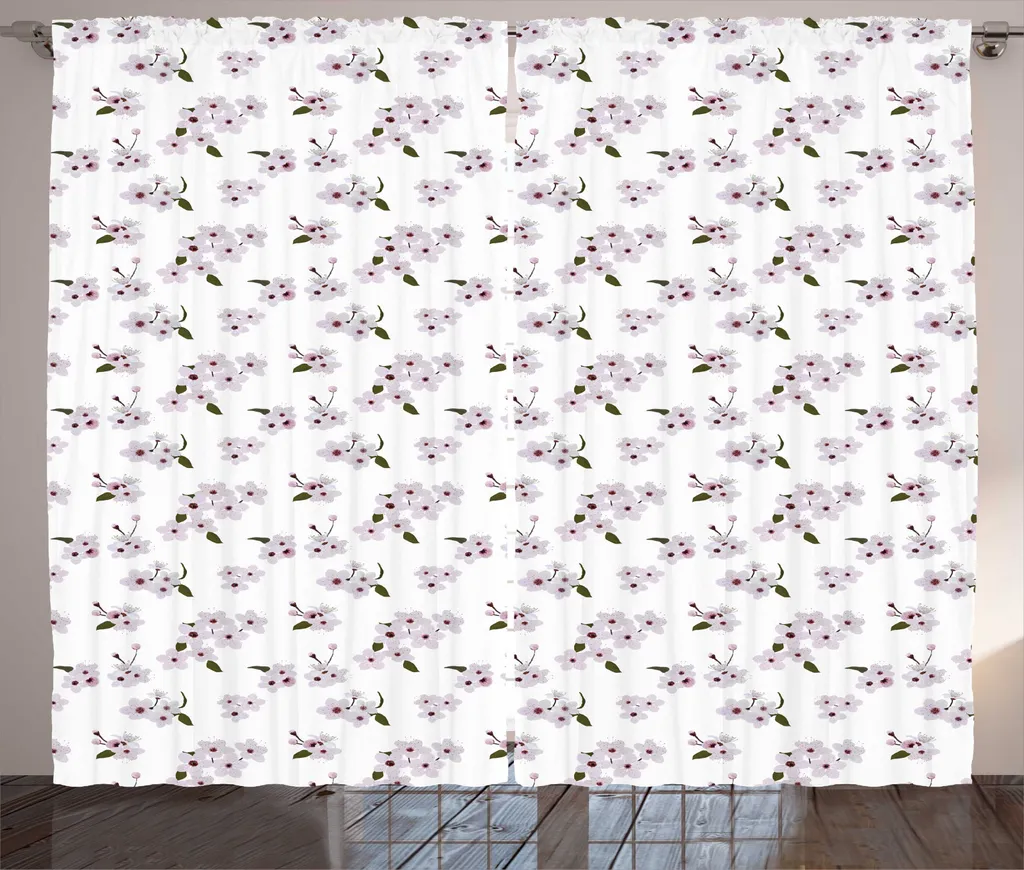 ABAKUHAUS Tenda rustica con motivo floreale, foglie e fiori di mandorlo, tenda universale per soggiorno con passanti e ganci, 280 x 245 cm, verde oliva