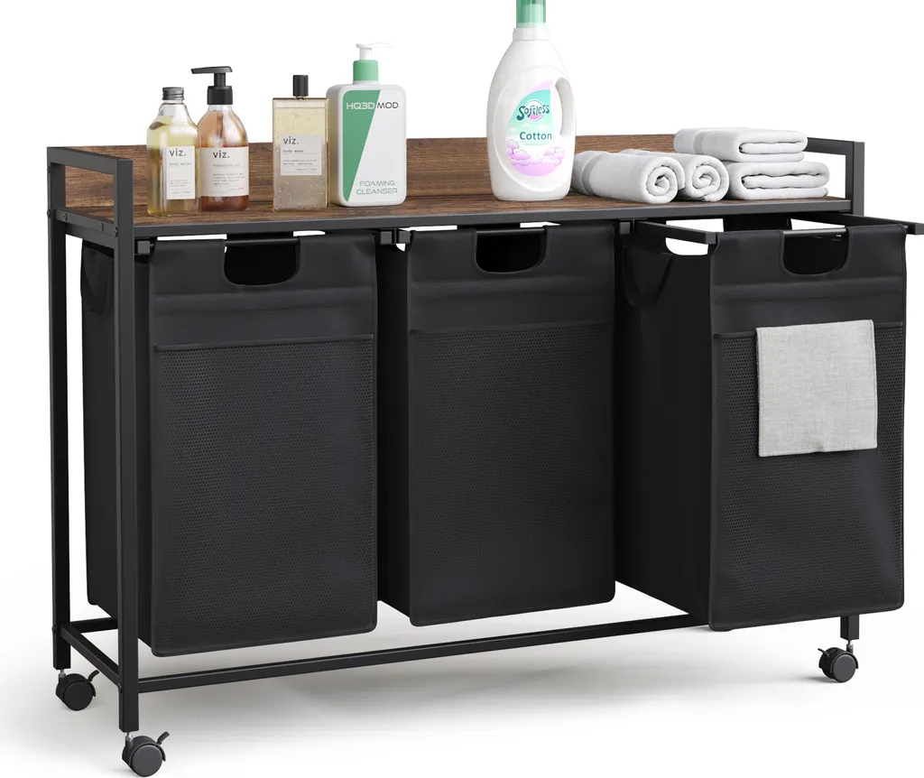 Mondeer Panier à Linge 3 Compartiments 3x50L avec Étagère Marron Vintage
