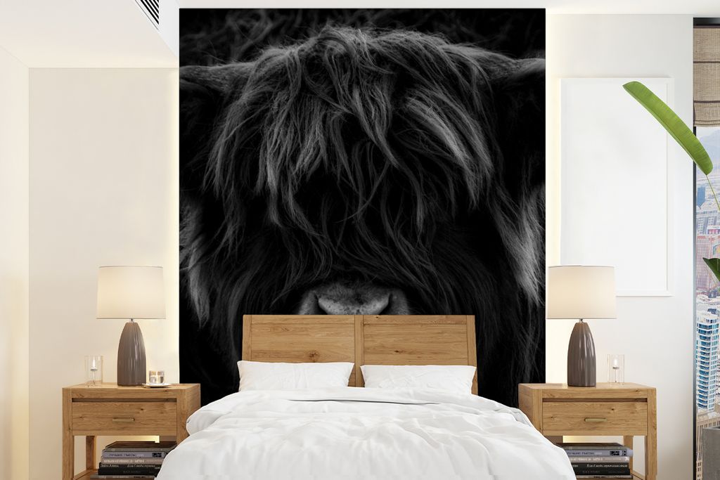 MuchoWow Fototapete für Wohnzimmer oder Schlafzimmer Wandtapete Vinyl Motivtapete Schottischer Highlander - Kuh - Schwarz - Weiß - Porträt - 1...