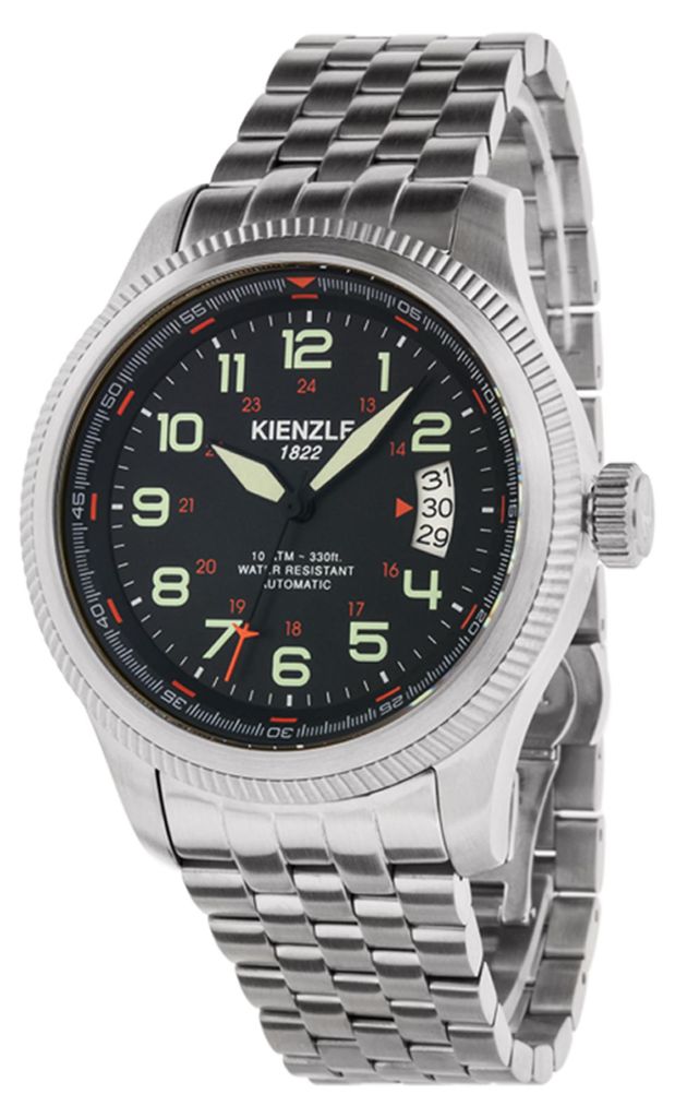 Kienzle Herrenuhr Automatik NH35 44 mm Pilot Design, Saphirglas, Datumsanzeige, 10 ATM, satiniertes Edelstahlgehäuse und massives Edelstahlband