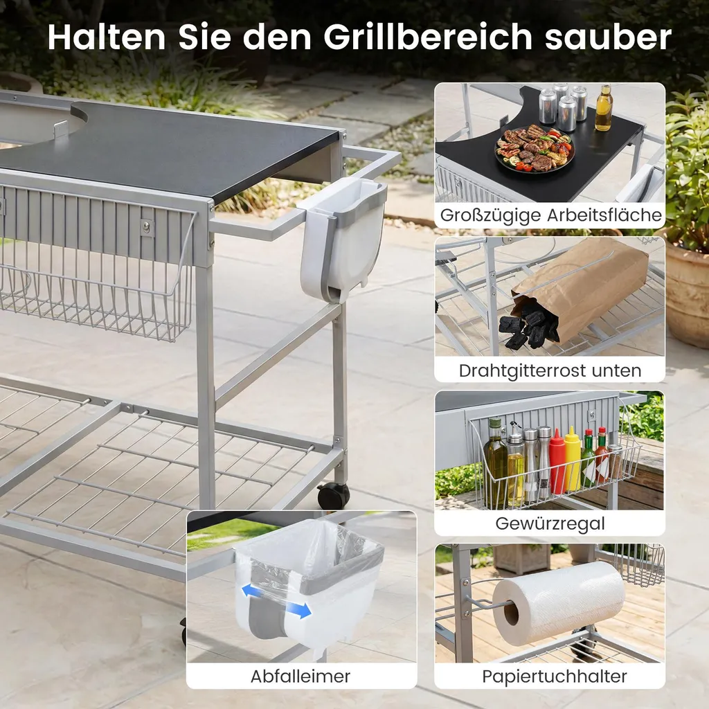 Table de barbecue mobile et support de service avec étagère à épices