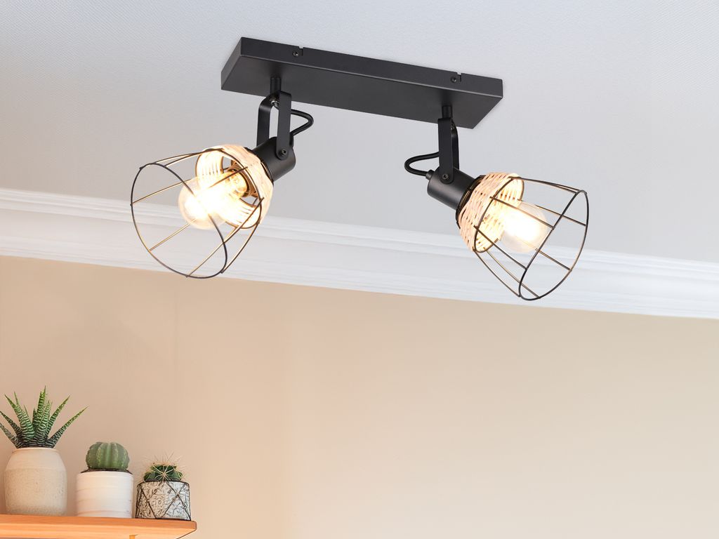 Industrial LED Deckenstrahler 2-flammig Deckenlampe Rattan Metall Schwarz B:36cm