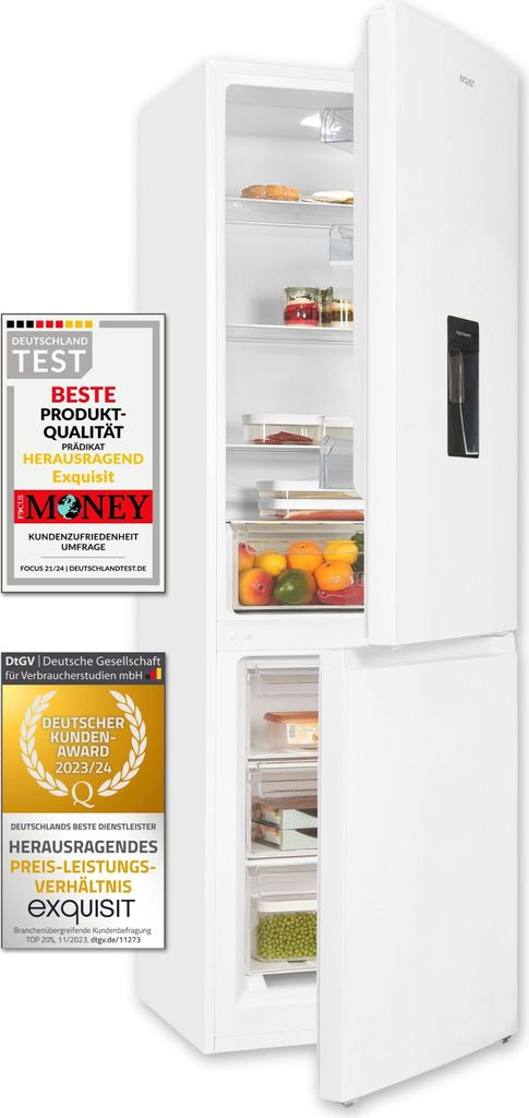 A white refrigerator with its doors open, displaying its interior compartments and shelves. Two award badges are placed on the left side of the image.