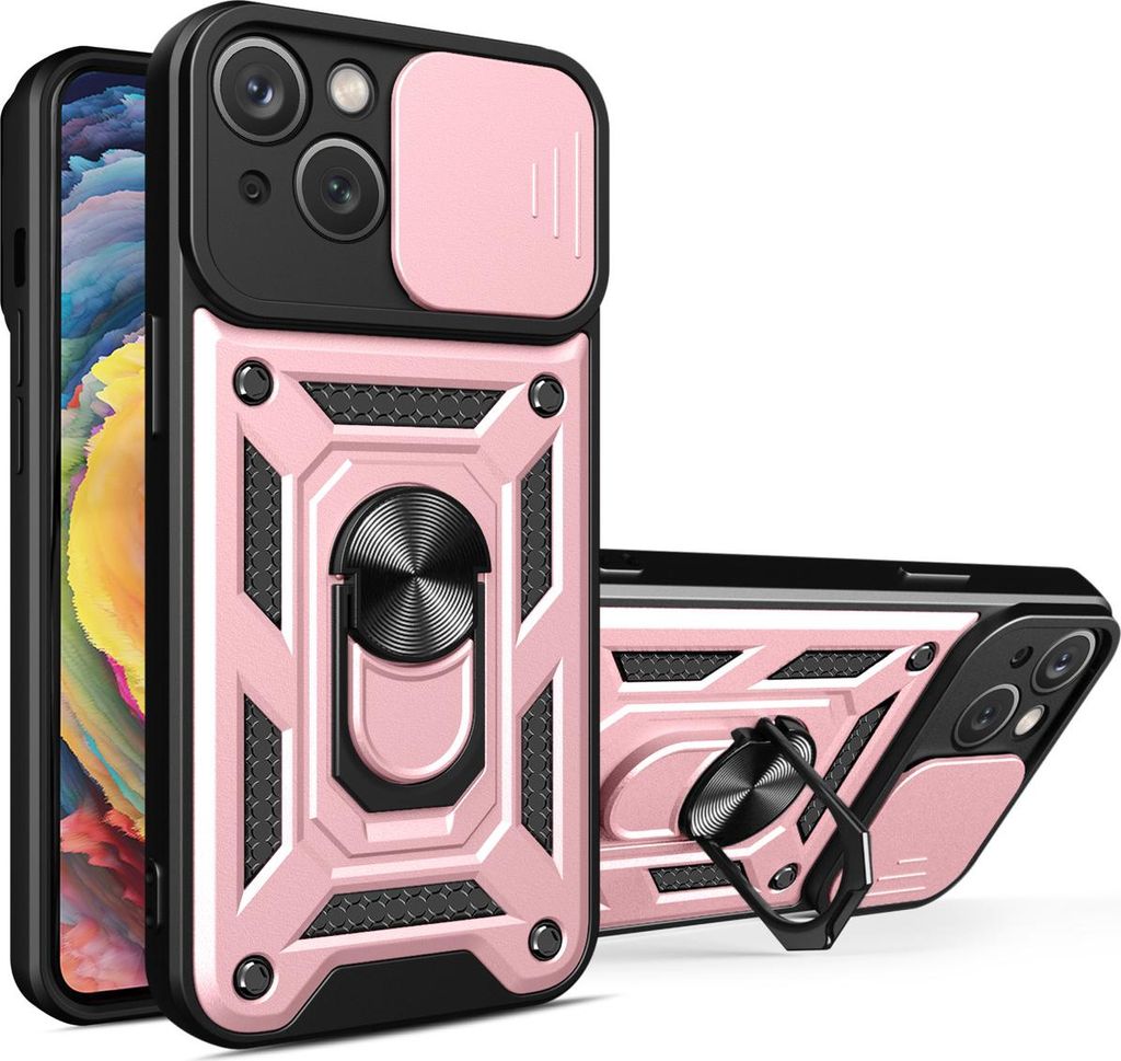 Hybrid Armor Camshield Hülle mit Ständer und Kameraabdeckung für iPhone 15 Plus - Pink