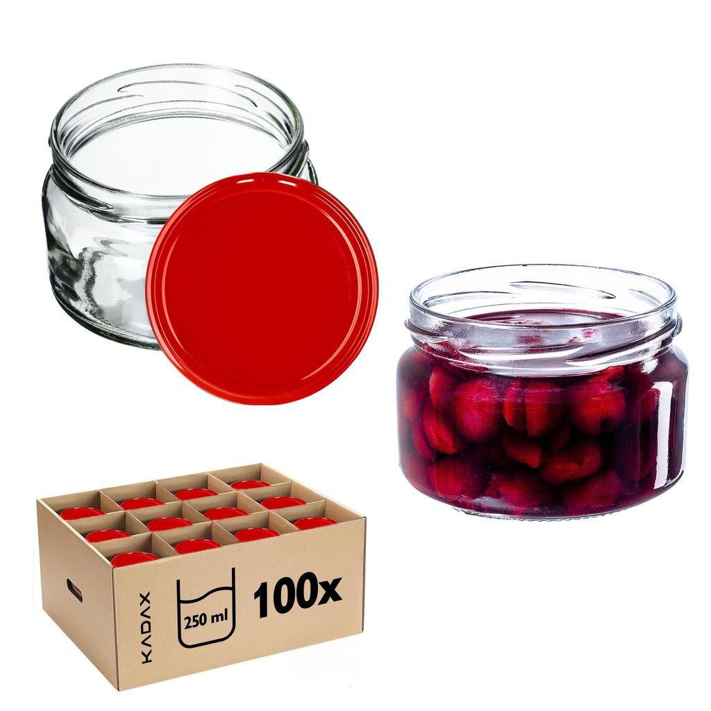 A collage of glass jars, one filled with cherries, one empty with a lid, and a box of 100 jars.