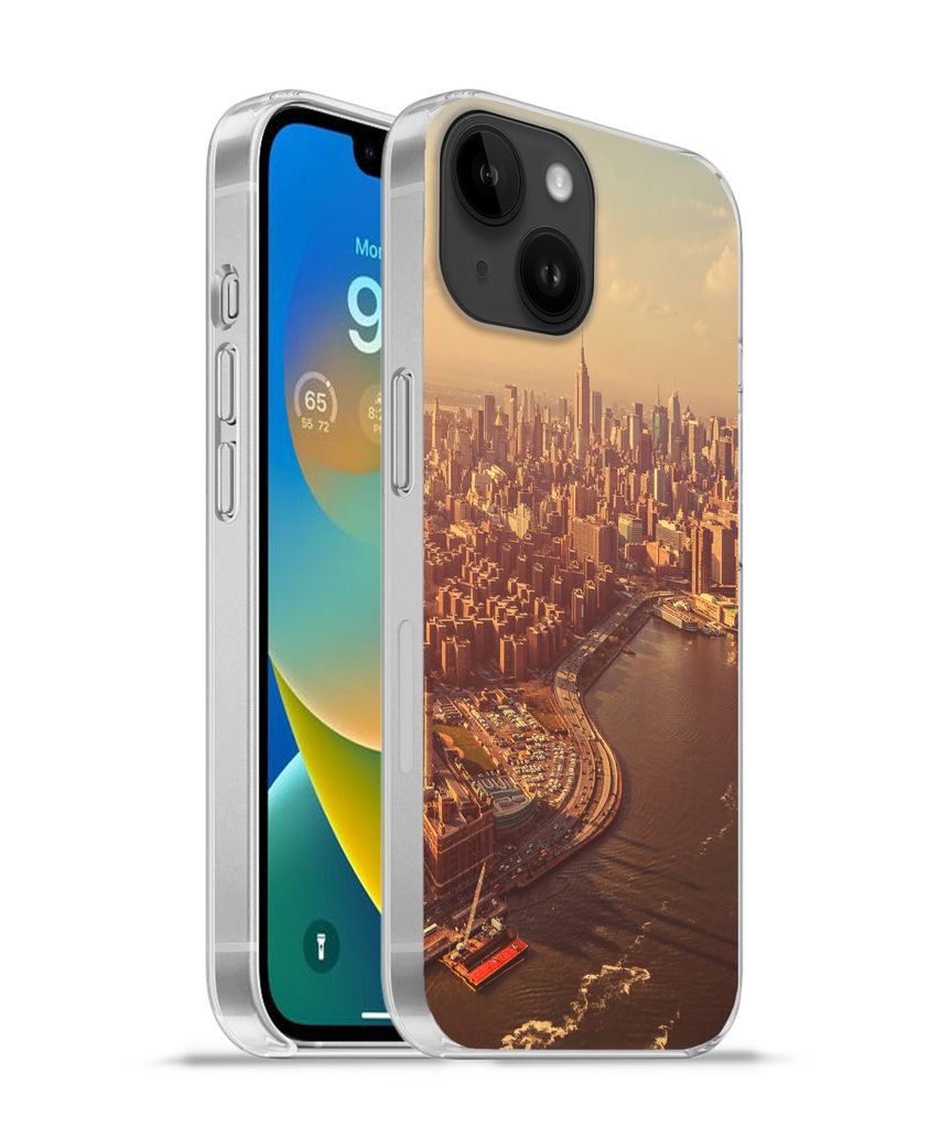 MuchoWow Handyhülle Schutzhülle Hülle für Apple iPhone 14 - Softcase New York - Skyline - Gold Silikon Softcase Handy Hülle - Mobiltelefonh...