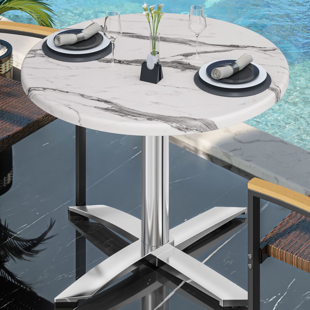 WTG | Bistro Außen Tisch | Ø:H 60 x 75,5 cm | Weiß Marmor / Aluminium | Rund | Bistro Tisch Gastro Tisch
