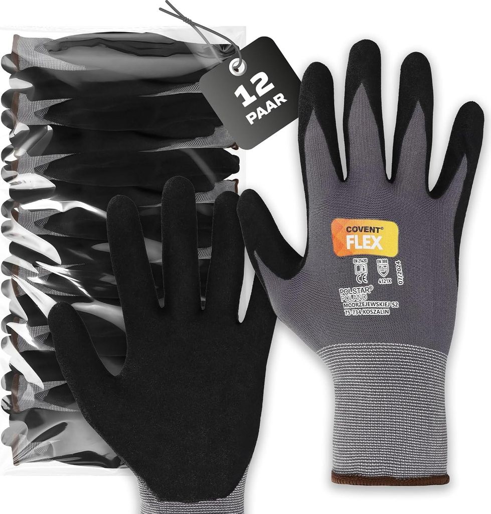 12er Set Covent FLEX Arbeitshandschuhe Herren Gr. 8 – EN388 Montagehandschuhe Kategorie II – Schutzhandschuhe für Bau, Mechanik & Handwerk